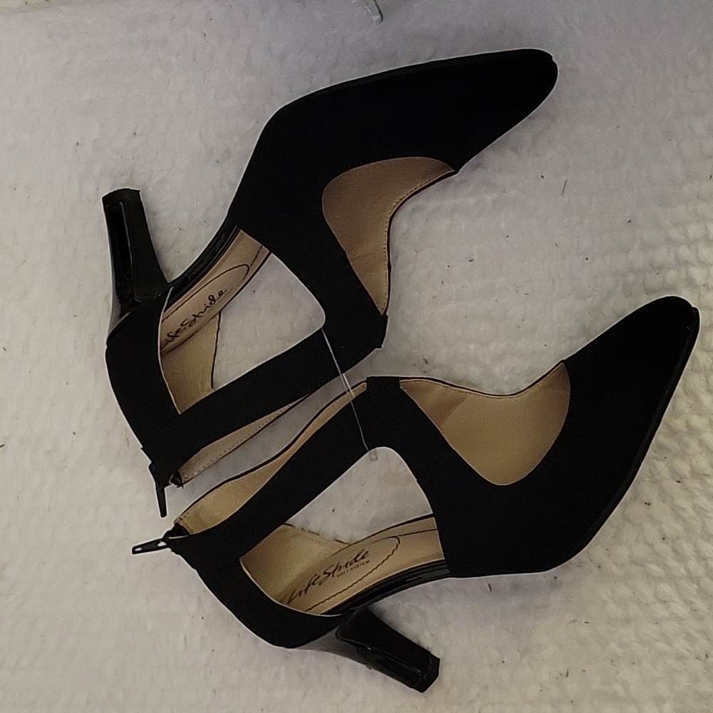 LifeStride Giovanna 2 black fabric pumps zip patent shiny heel 8.5 New …